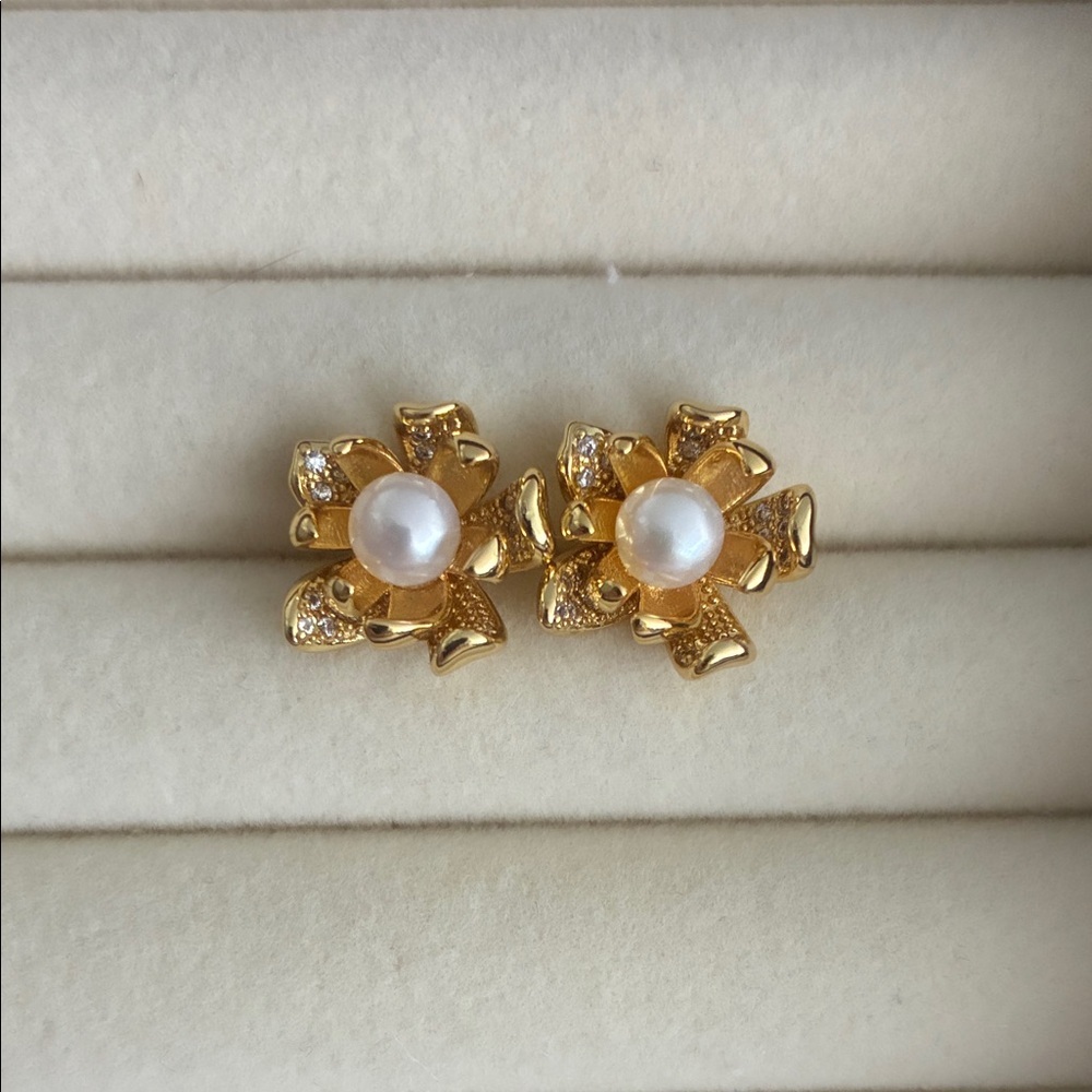 Gold Floral Pearl Stud Earrings — Classic Gold and White Design